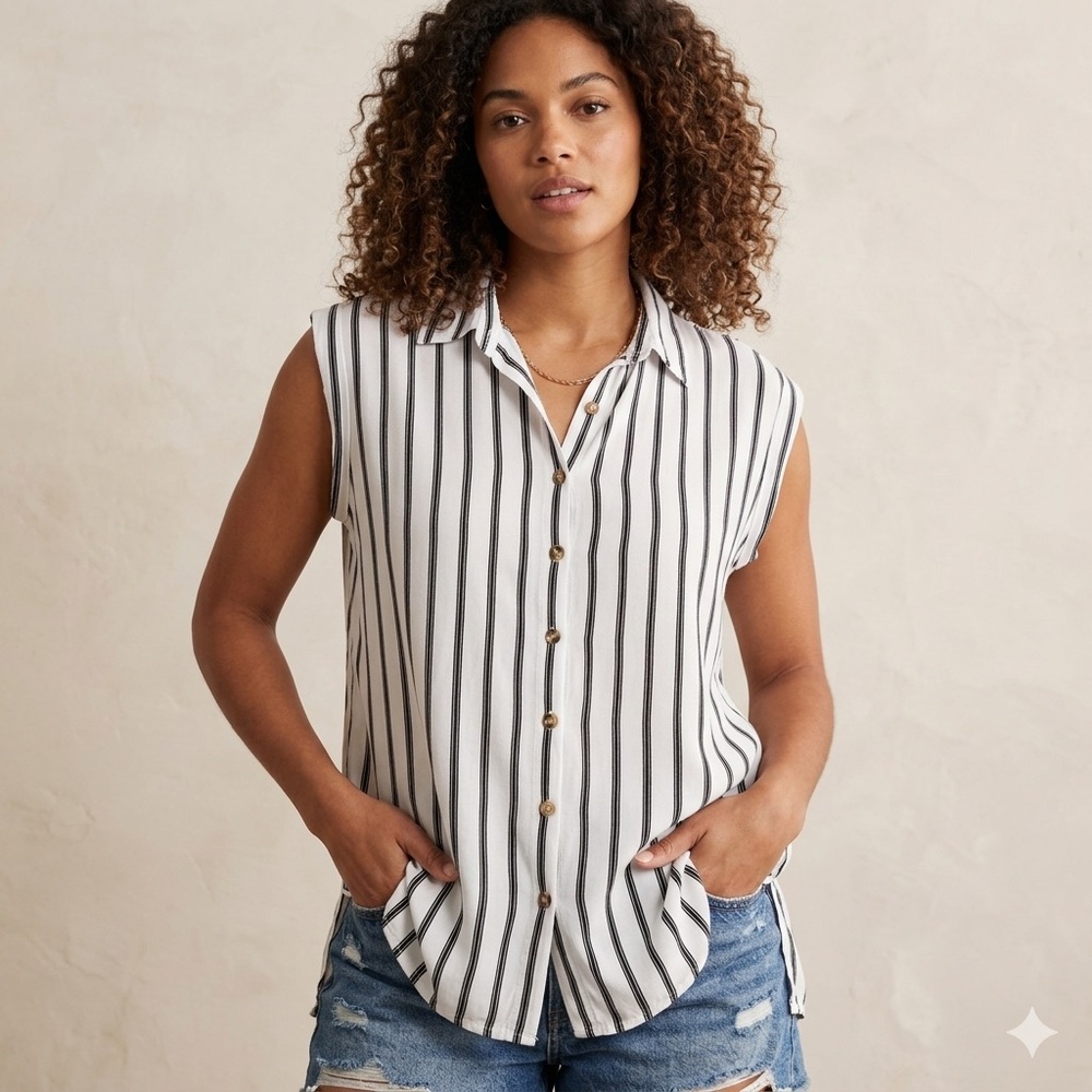Sleeveless Striped Button Up Top White Black Lightweight Soft Summer Blouse M